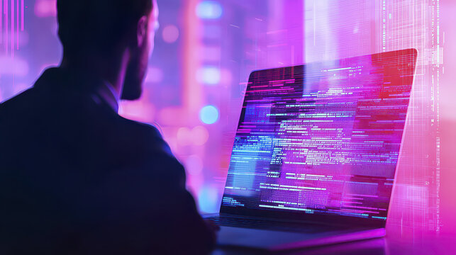 Person working on laptop with colorful code displayed on screen, creating vibrant and tech savvy atmosphere