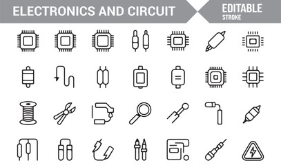 Electronics and circuit line icons set for technology and electrical engineering