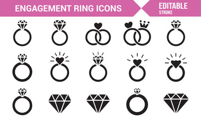 Editable stroke vector engagement ring symbols for romantic luxury purposes