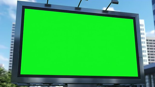 Blank green screen billboard in urban cityscape for advertising and marketing mockup