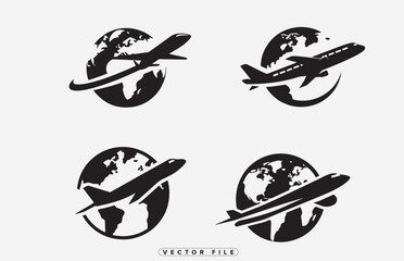 Black and white illustration featuring airplanes flying around the world