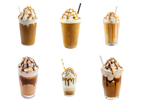 Sets of caramel frape isolated. ice cream coffee collection