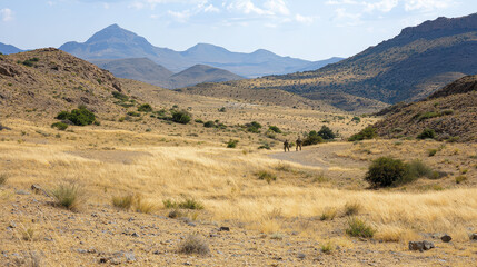 Panoramic view of soldiers patrolling through dry landscape with mountains background, showcasing vastness and beauty