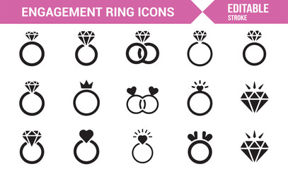 Vector illustration of romantic rings with diamond, heart, and fashion symbols