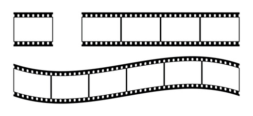 Film strip frame and border set. Movie or photo negative in seamless black vector style. Isolated on white background for cinema and photography design.