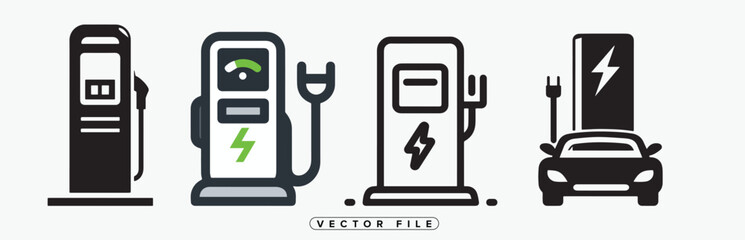 Four different styles of electric vehicle charging stations are displayed