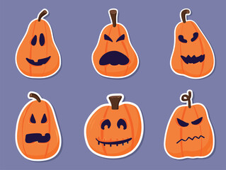 A set of six cute stylized pumpkin stickers with different creepy and funny carved faces. A set of vector illustrations is perfect for Halloween decorations. Vector pumpkin set