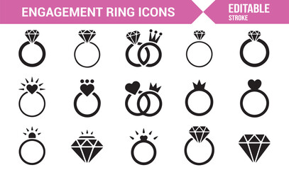 Editable stroke vector icon set of jewelry, engagement, and romantic rings