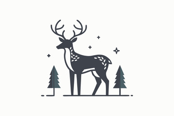 Deer silhouette icon with minimal forest outline background