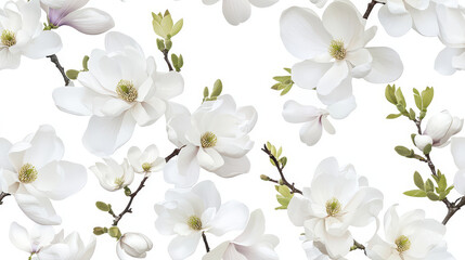 Obraz premium Seamless pattern featuring beautiful white magnolia flowers with delicate green leaves, creating serene and elegant atmosphere