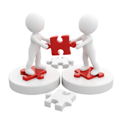 Collaborative teamwork: two figures unite puzzle pieces
