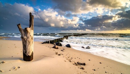 A wooden post stands tall on a sandy beach, waves crash nearby under a cloudy sky, creating a scenic coastal view