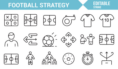 Editable stroke vector icons of football tactics, field, and coaching symbols