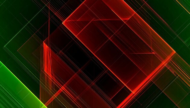 Abstract geometric design showcasing overlapping shapes and lines, utilizing vibrant red and green color palette against a dark backdrop