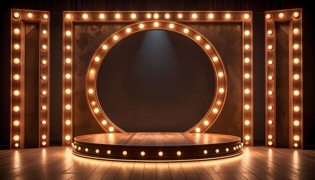A wooden stage with a large circular frame lit by incandescent bulbs, creating a warm, theatrical atmosphere
