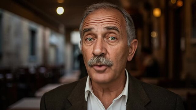 Close-up portrait of an experienced gentleman with a distinguished mustache, engaged in conversation within a cozy, ambient environment