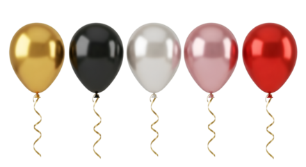 Five metallic balloons in gold black silver pink and red