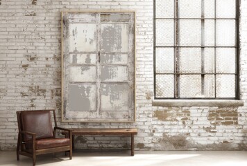 Interior Aged brick wall, distressed artwork, window, leather chair, and bench, all with vintage vibes