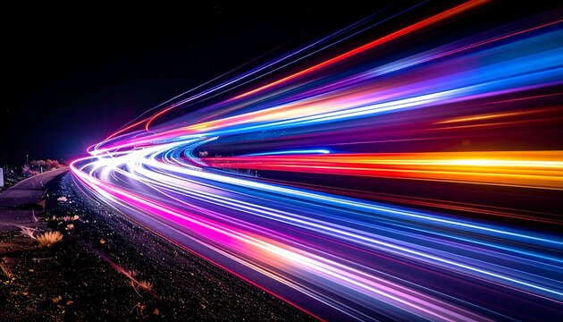 Abstract image of streaks of light, red, blue, and white, depicting motion and speed against a dark background