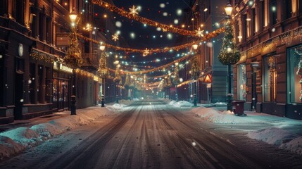 Festive City Street with Christmas Lights and Snow – Holiday Stock Photo