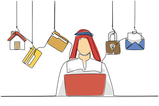 Continuous one line drawing an arab woman typing on a laptop and 5 important icons. Setting a different password. Safe. National Senior Fraud Awareness Day. Single line draw design vector illustration
