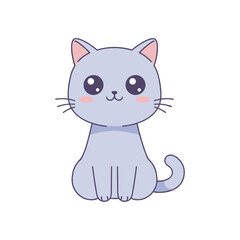 Cute purple cat cartoon illustration in kawaii style, sitting with big eyes and blushing cheeks, isolated. Ideal for kids graphics, stickers, or character design