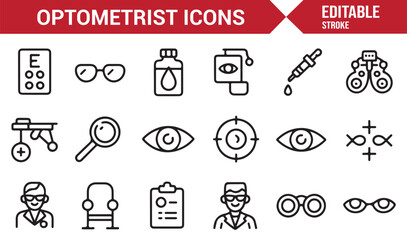 Editable stroke healthcare icon collection for optical and eye treatment concepts