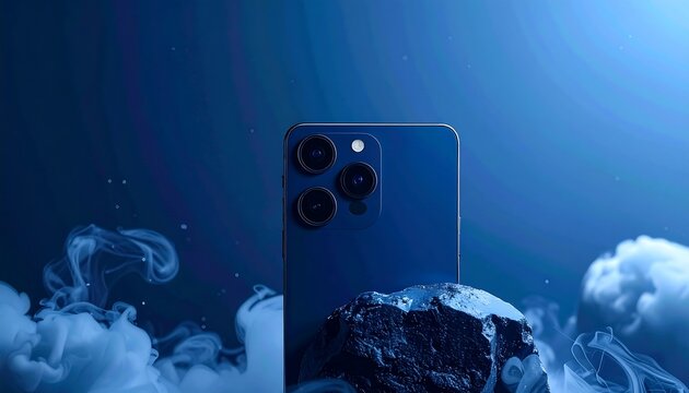 Sleek, navy smartphone showcasing its camera array, perched atop a dark, textured surface, framed by ethereal, cloud-like wisps