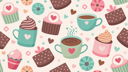 Fototapeta premium Sweet treats and warm drinks seamless pattern with cupcakes coffee mugs and chocolate slices on a light background