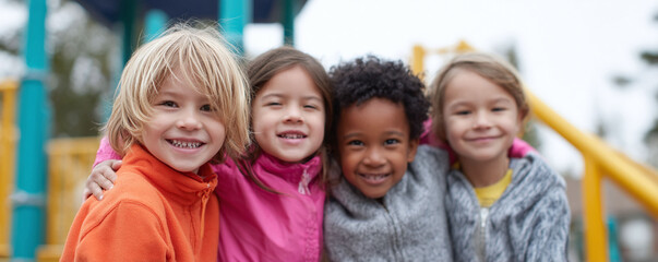 Fototapeta premium Diverse group of kids embracing, symbolizing friendship, unity and childhood innocence. Perfect for education, community, or positive lifestyle themes.