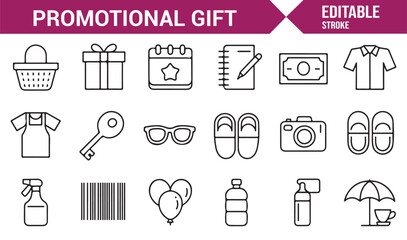 Marketing and branding gift icons pack with shirt, bottle, and balloon outlines