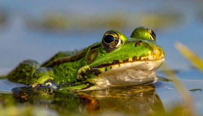 Close-up of a vibrant green amphibian, partially submerged in tranquil water, with a detailed view of its head. Captured with superb focus