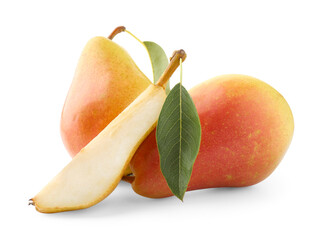 Whole and cut pears with green leaves isolated on white