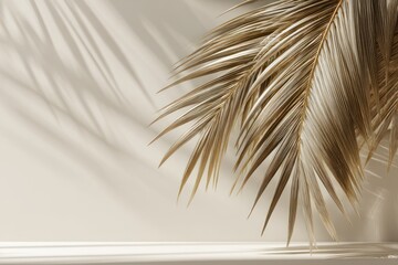Sunlit close-up of dried palm fronds casting shadows on a beige wall and shelf