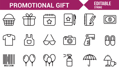 Vector line promotional gifts including basket, balloon, and key symbols