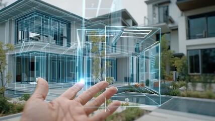 Digital Mortgage Process Visualized with Futuristic Interface Showing Smart Home Technology, Modern Architecture, Virtual Blueprint Overlay