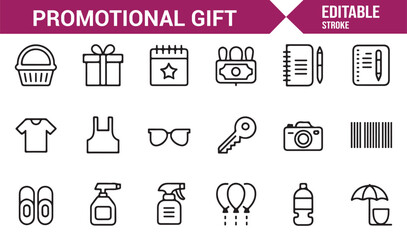 Promotional gift outline icons set for marketing, branding, and business design