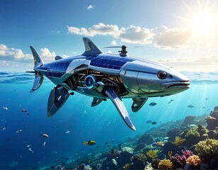 Futuristic Robotic Shark Exploring Coral Reefs in Clear Blue Ocean.