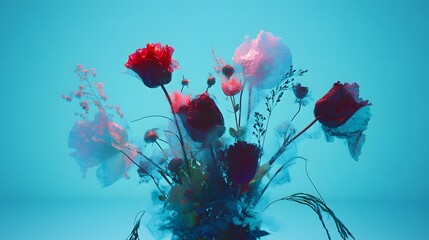 Delicate floral arrangement with red and pink flowers on cyan background