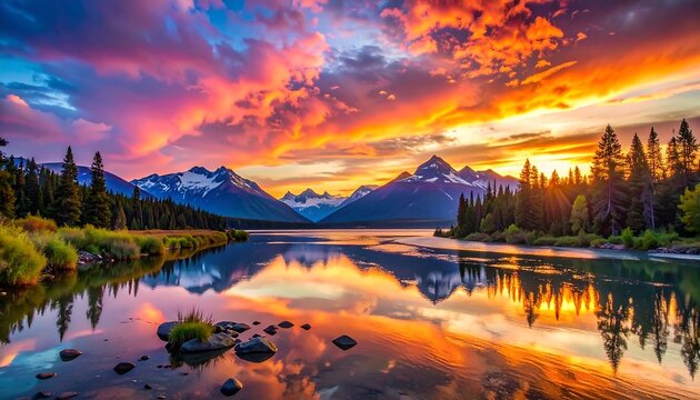 Vivid photograph displays a breathtaking sunset over a tranquil lake, with mountainous backdrop and reflecting sky - Powered by Adobe