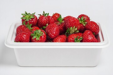 photograph of strawberries in a white polystyrene box, isolated on a white background, front view, Generative AI.