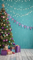 Create a photo realistic turquoise christmas background with bokeh lights and christmas tree and gifts, New Year or x-mas purple banner bokeh background with room for text, Resolution 300dpi