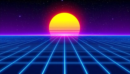Retro-futuristic digital artwork featuring a stylized sun rising over a neon-lit grid landscape, evoking a sense of nostalgia