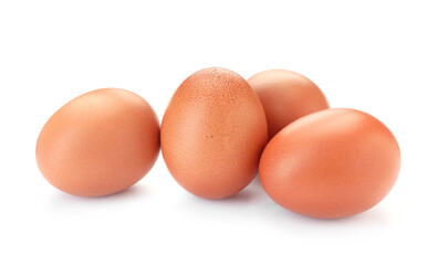 Many raw chicken eggs isolated on white