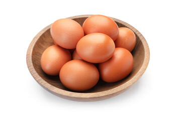 Raw chicken eggs in bowl isolated on white