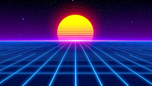 Retro-futuristic digital artwork featuring a stylized sun rising over a neon-lit grid landscape, evoking a sense of nostalgia - Powered by Adobe