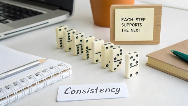 Domino tiles set up in a line demonstrating consistency