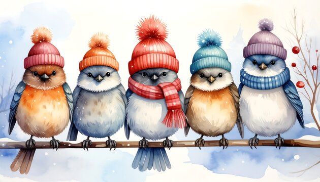 Watercolor illustration of five cute, round birds perched on a branch, each wearing a different colored winter hat and scarf