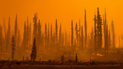 Dramatic Wildfire Smoke Blanketing Forest at Twilight, Charred Tree Silhouettes, Faint Orange Embers, Moody Atmospheric Lighting, High Resolution Editorial Style, Crisis and Urgency, Soft Gradients, D