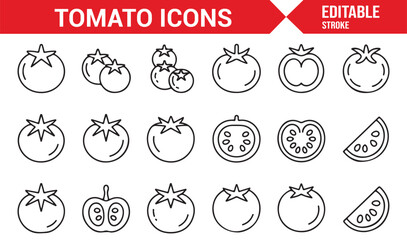 Editable stroke tomato icons pack for healthy food, organic farm, and nutrition use
